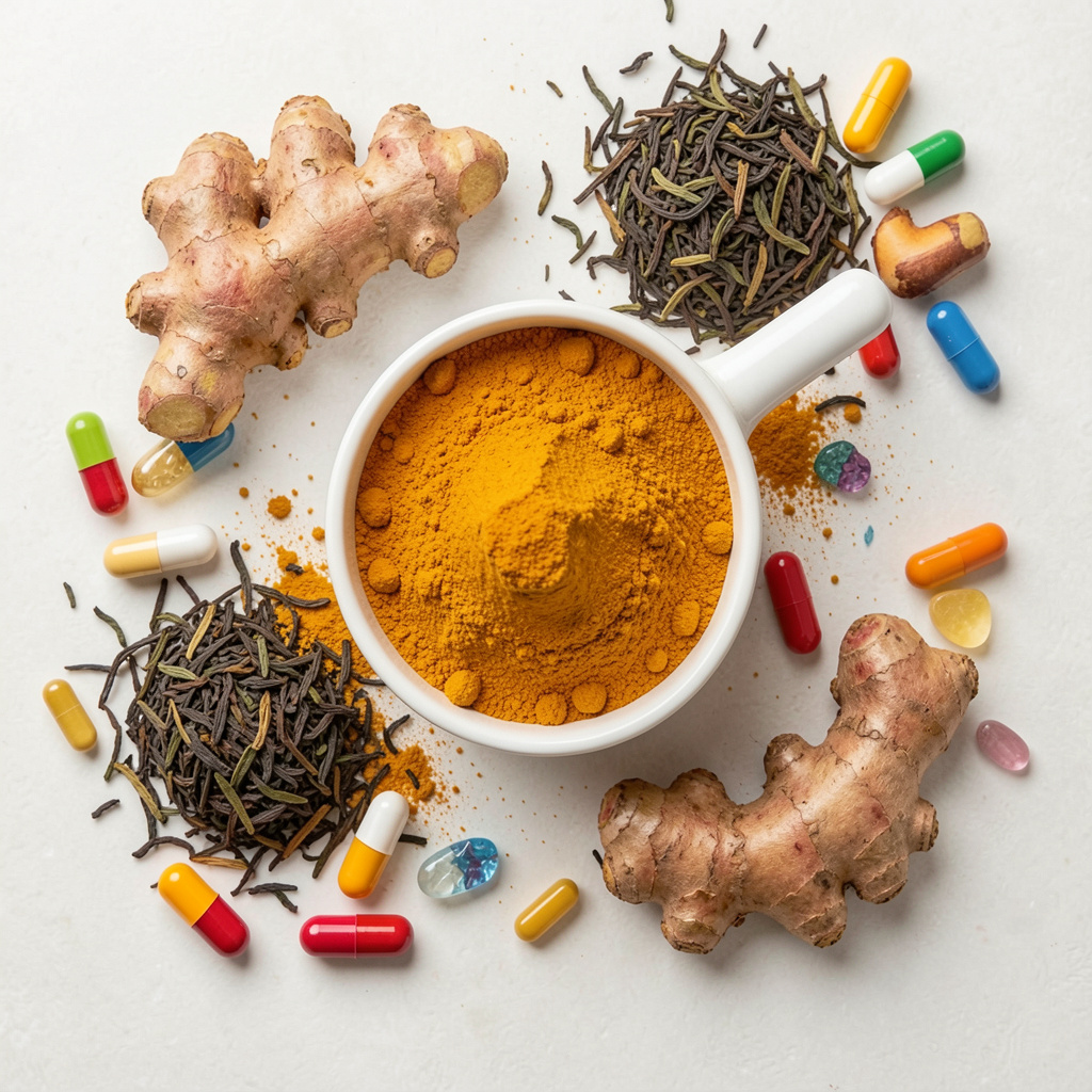 Fresh natural ingredients including turmeric, green tea, and vitamins